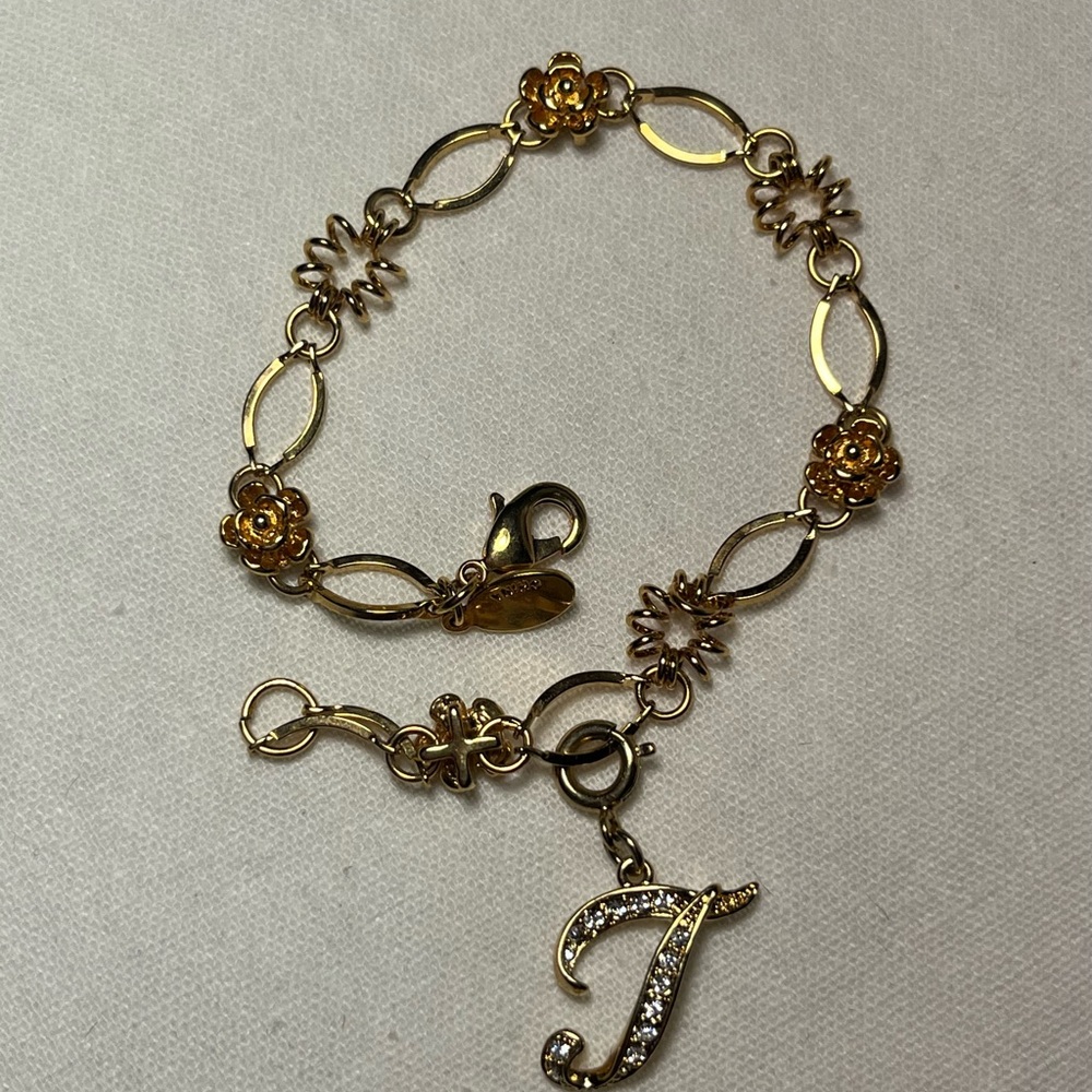 Gold-Tone Floral Link Bracelet with Crystal Letter Charm